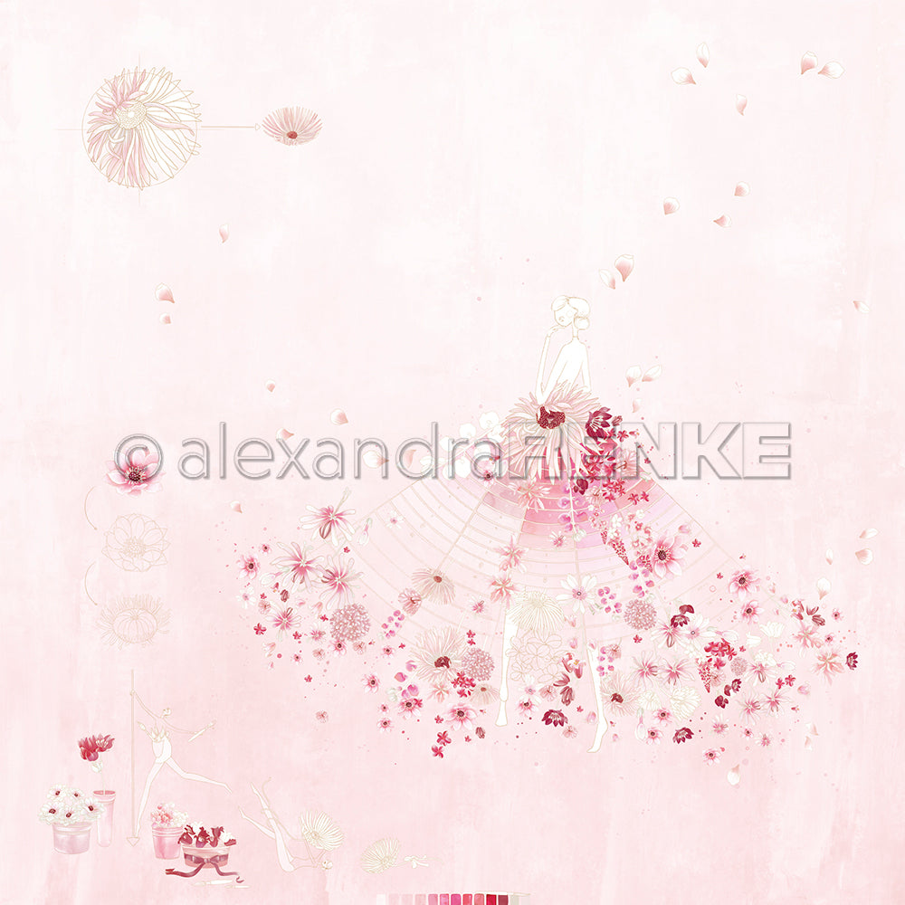 Eine zarte, rosafarbene Illustration einer Frau in einem floralen Kleid mit Floralen Blüten von Alexandra Renke - ideal für Designpapier oder kreative Papierprojekte.