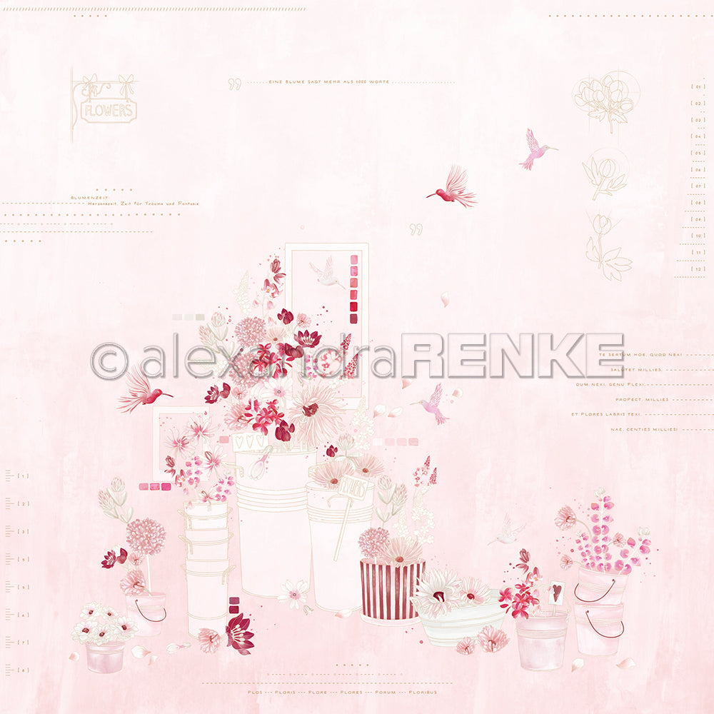 Alexandra Renke Designpapier zeigt zarte rosa Blumenarrangements, Kolibris und Topfblumen auf einem hellrosa Hintergrund - ideal für kreative Papierprojekte.