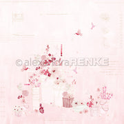 Alexandra Renke Designpapier zeigt zarte rosa Blumenarrangements, Kolibris und Topfblumen auf einem hellrosa Hintergrund - ideal für kreative Papierprojekte.