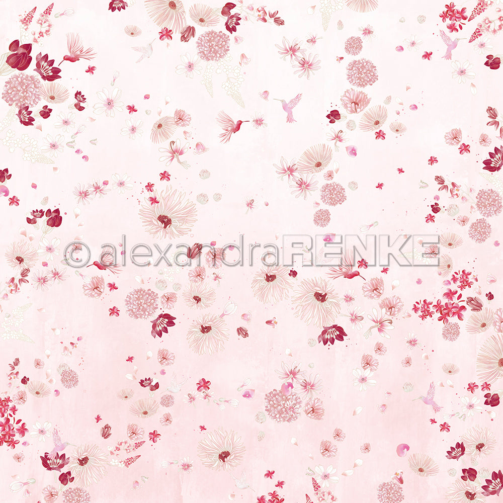 Florales Designpapier von Alexandra Renke: Muster mit rosa-roten Blüten auf zartem Rosé und feinen Vogelmotiven - ideal für stilvolle Papierprojekte.