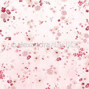 Florales Designpapier von Alexandra Renke: Muster mit rosa-roten Blüten auf zartem Rosé und feinen Vogelmotiven - ideal für stilvolle Papierprojekte.