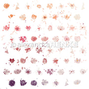 Verschiedene pastellfarbene und lilafarbene Aquarellblumen auf weißem Untergrund ergeben ein bezauberndes Alexandra Renke Designpapier, das sich perfekt für Papierprojekte eignet oder Ihren Bastelarbeiten einen floralen Blütenrapport verleiht.