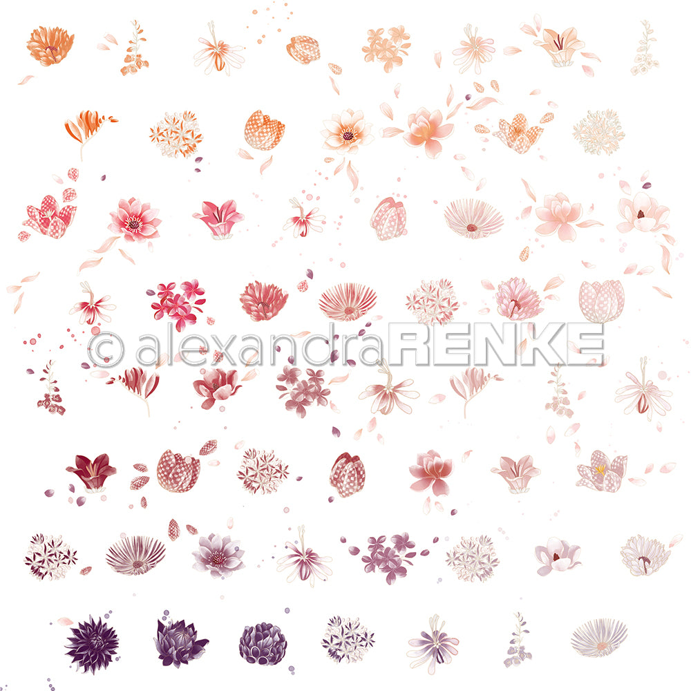 Verschiedene pastellfarbene und lilafarbene Aquarellblumen auf weißem Untergrund ergeben ein bezauberndes Alexandra Renke Designpapier, das sich perfekt für Papierprojekte eignet oder Ihren Bastelarbeiten einen floralen Blütenrapport verleiht.