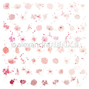 Ein floraler Blütenrapport mit zarten pinken und roten Blumen von Alexandra Renke, verteilt auf weißem Hintergrund - ideal für Papierprojekte und Designpapier.
