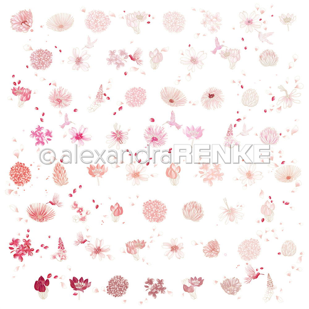 Ein floraler Blütenrapport mit zarten pinken und roten Blumen von Alexandra Renke, verteilt auf weißem Hintergrund - ideal für Papierprojekte und Designpapier.
