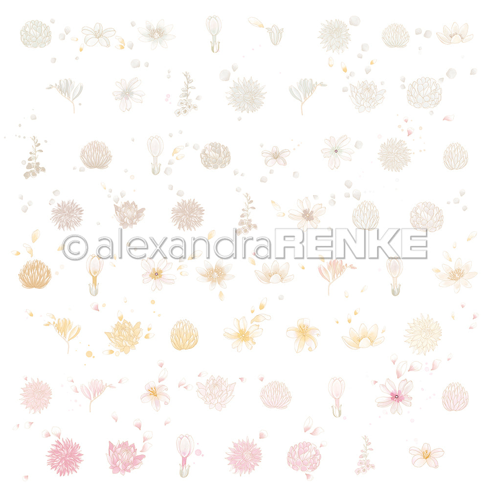 Ein Raster aus zarten, pastellfarbenen, handgezeichneten Blüten und Blättern auf Weiß - ein ideales Alexandra Renke Designpapier für floralen Blütenrapport und kreative Papierprojekte.