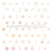 Ein Raster aus zarten, pastellfarbenen, handgezeichneten Blüten und Blättern auf Weiß - ein ideales Alexandra Renke Designpapier für floralen Blütenrapport und kreative Papierprojekte.