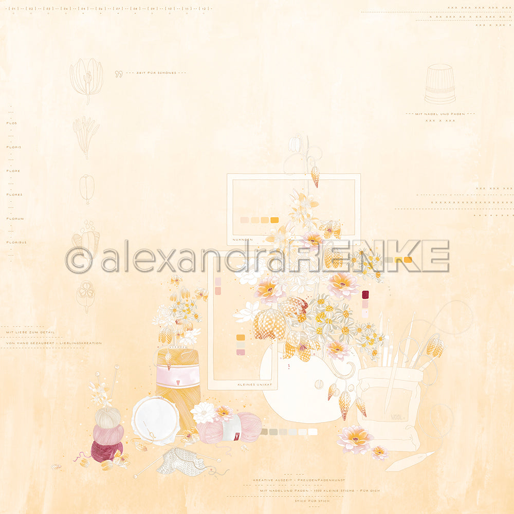 Zartes florales Arrangement mit Künstlerbedarf, sanften Pastellfarben und zarten botanischen Skizzen auf beigem Alexandra Renke Designpapier - perfekt für Papierprojekte oder eine florale Wollkomposition.