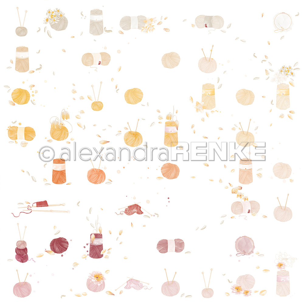 Illustration von Garnknäueln, Stricknadeln und gestrickten Gegenständen in sanften Pastellfarben auf Weiß - perfekt für Papierprojekte oder um Ihrer nächsten Designpapierkreation Charme zu verleihen - von Alexandra Renke.
