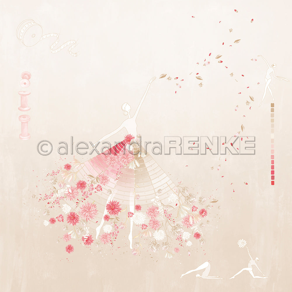 Eine Balletttänzerin in einem Blumenkleid mit rosa Blumen, Spulen, Blütenblättern und abstrakten Ballettmotiven - eine ideale Inspiration für Alexandra Renke Designpapier oder Papierprojekte mit einer floralen Nähfigur.