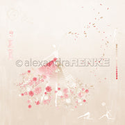 Eine Balletttänzerin in einem Blumenkleid mit rosa Blumen, Spulen, Blütenblättern und abstrakten Ballettmotiven - eine ideale Inspiration für Alexandra Renke Designpapier oder Papierprojekte mit einer floralen Nähfigur.