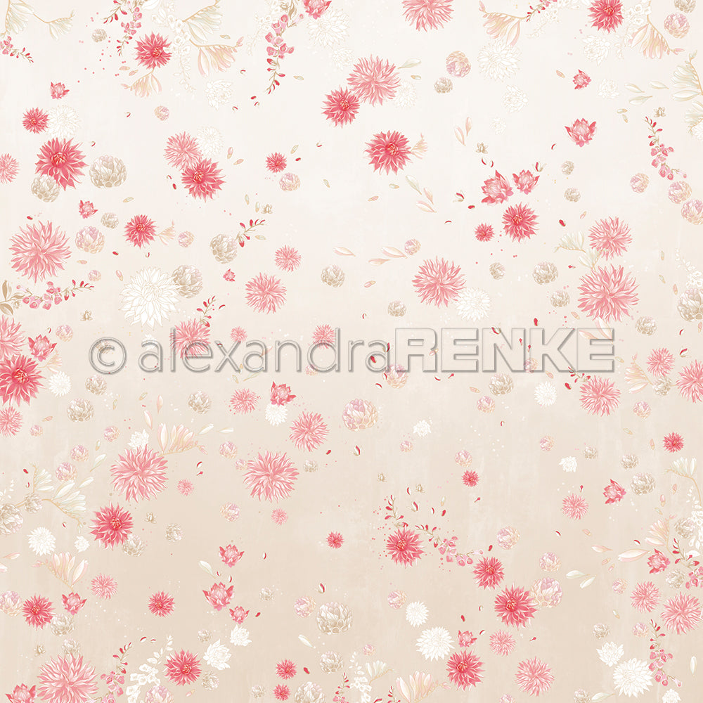 Zartrosa Hintergrund mit einer floralen Blütenkomposition aus verstreuten roten und weißen Blüten und zarten Blättern, die ein weiches Muster ergeben - ideales Designpapier für Papierprojekte von Alexandra Renke.