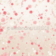 Zartrosa Hintergrund mit einer floralen Blütenkomposition aus verstreuten roten und weißen Blüten und zarten Blättern, die ein weiches Muster ergeben - ideales Designpapier für Papierprojekte von Alexandra Renke.