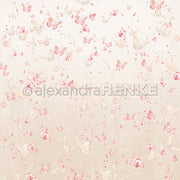 Zartes hellbeiges Designpapier von Alexandra Renke, verziert mit rosa Schmetterlingen und Blumen - eine skurrile florale Schmetterlingskomposition, ideal für alle Ihre Papierprojekte.