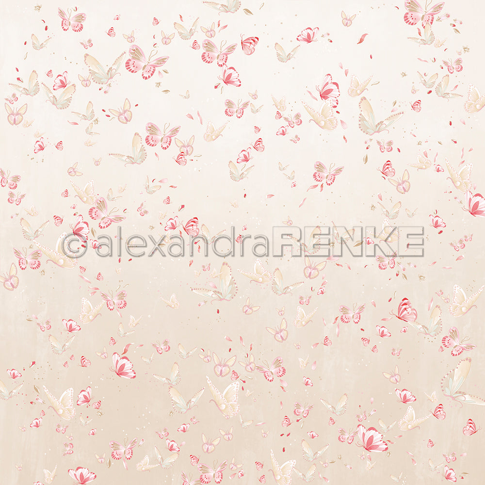 Zartes hellbeiges Designpapier von Alexandra Renke, verziert mit rosa Schmetterlingen und Blumen - eine skurrile florale Schmetterlingskomposition, ideal für alle Ihre Papierprojekte.