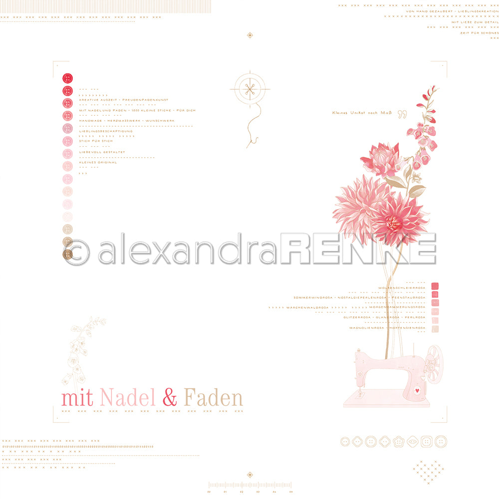 Minimalistisches florales Design mit rosa Blumen, einer Nähmaschine, deutschem Text und Designpapier-Akzenten auf Weiß - perfekt für Buchbinderei oder Papierprojekte. Von Alexandra Renke.