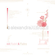 Minimalistisches florales Design mit rosa Blumen, einer Nähmaschine, deutschem Text und Designpapier-Akzenten auf Weiß - perfekt für Buchbinderei oder Papierprojekte. Von Alexandra Renke.