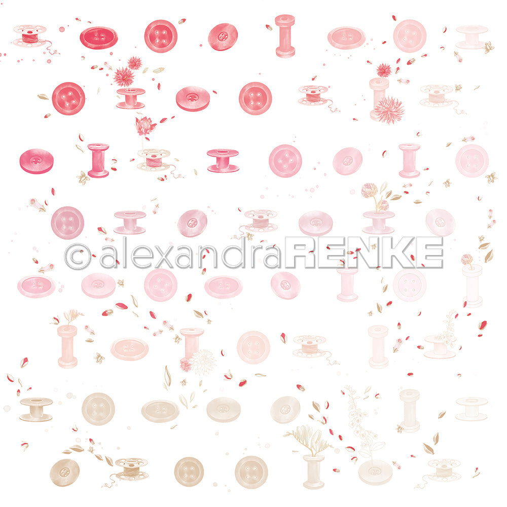 Verstreute rosa und beige Knöpfe, Garnspulen und Nähutensilien auf weißem Hintergrund von Alexandra Renke - perfekt für den Knopf-Garnrapport oder als Anregung für kreative Papierprojekte mit einzigartigem Designpapier.