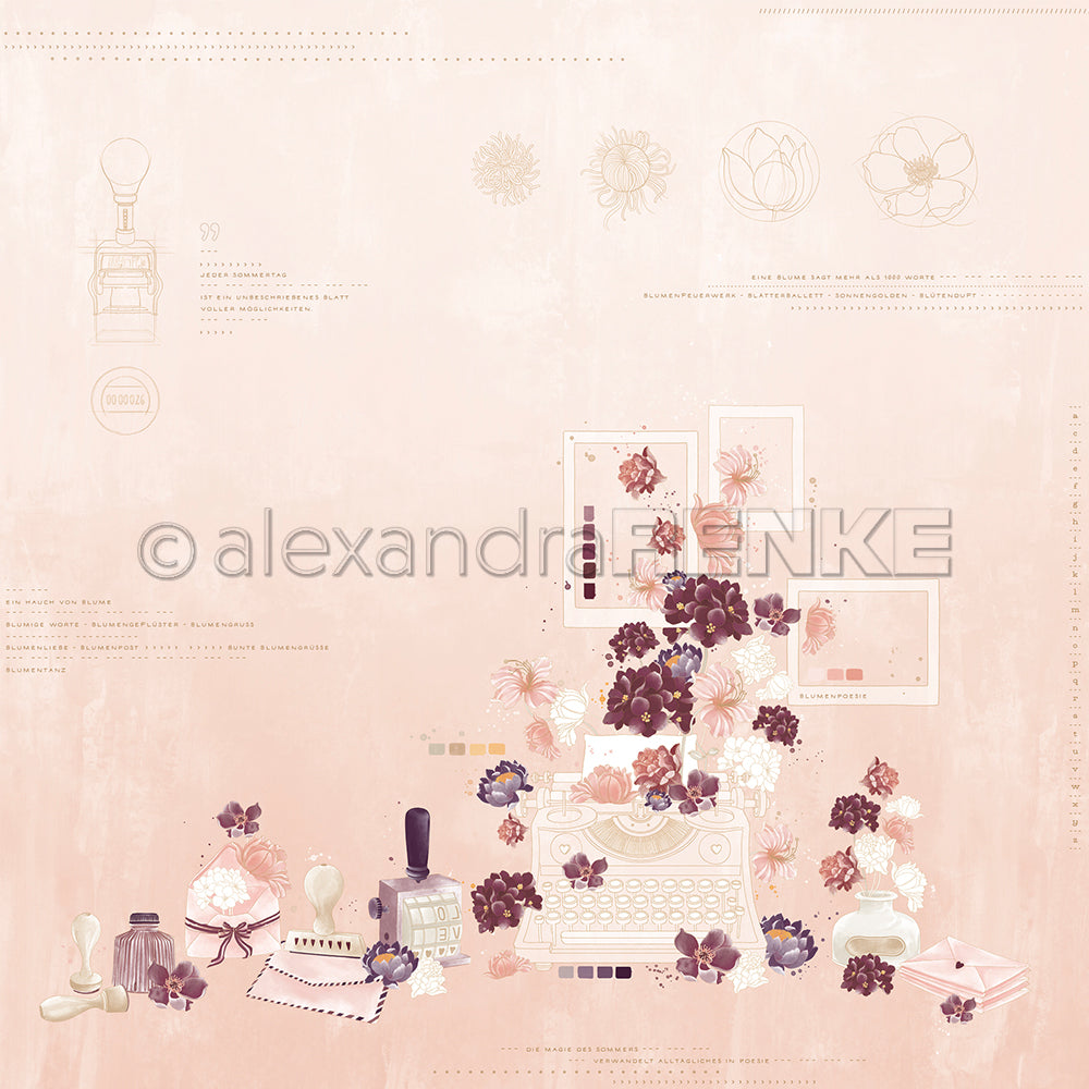 Eine alte Schreibmaschine mit Blumen, Stempeln und Papieren auf einem zartrosa Hintergrund von Alexandra Renke; ideal für Papierprojekte oder Designpapier Inspiration. Wasserzeichen vorhanden.