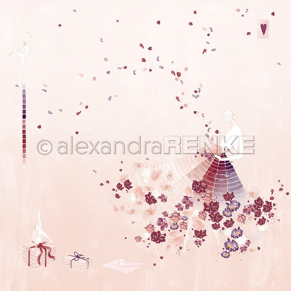Zwei Ballerinas, Blütenblätter, Geschenke und ein Umschlag liegen auf Alexandra Renkes floraler Brief Figurine Altrosa Designpapier - zartrosa mit dezentem Gitter und Herz - eine ideale Inspiration für Ihr nächstes Papierprojekt.