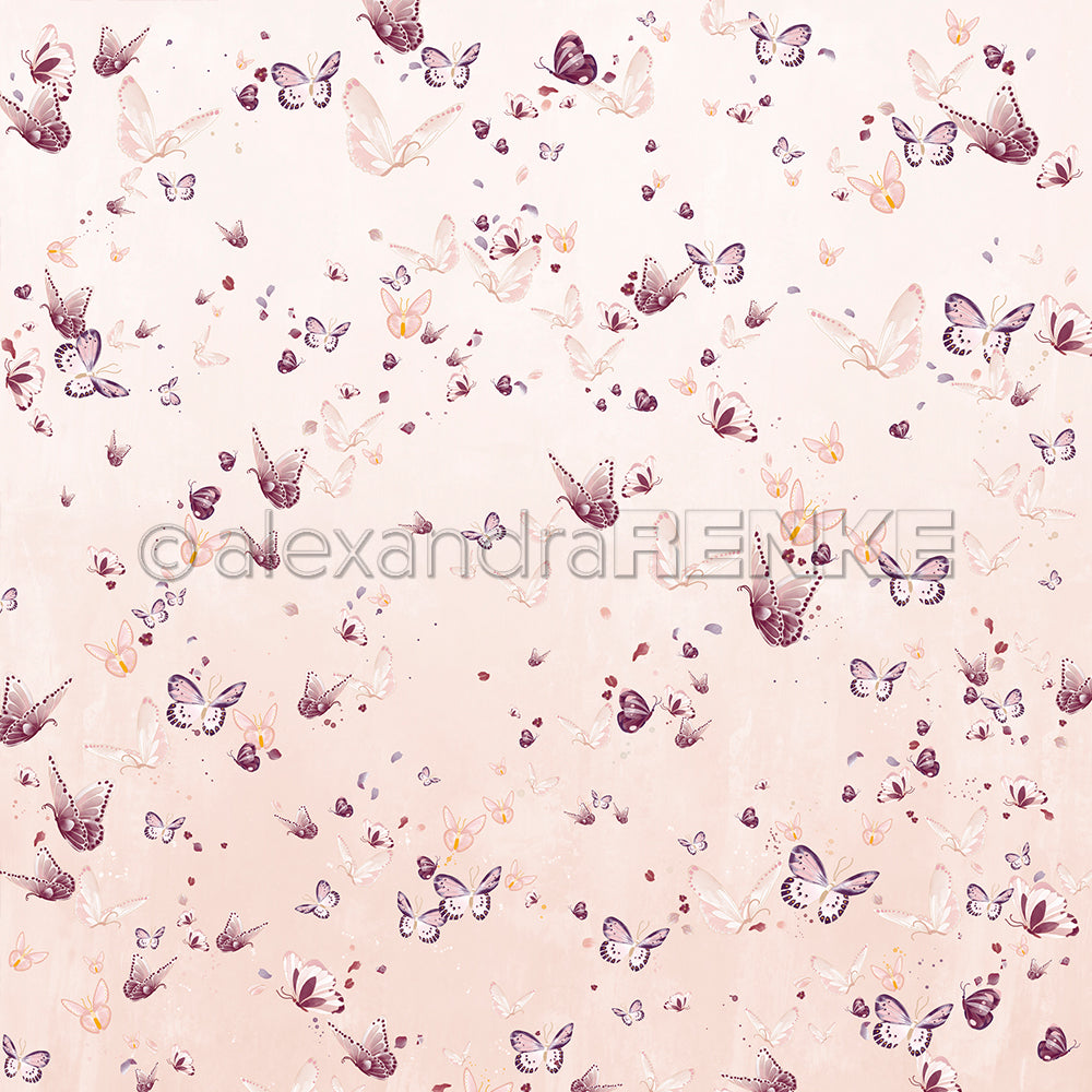 Das Designpapier von Alexandra Renke zeigt lila und gelbe Schmetterlinge auf zartem rosa Hintergrund - ideal für kreative Papierprojekte.