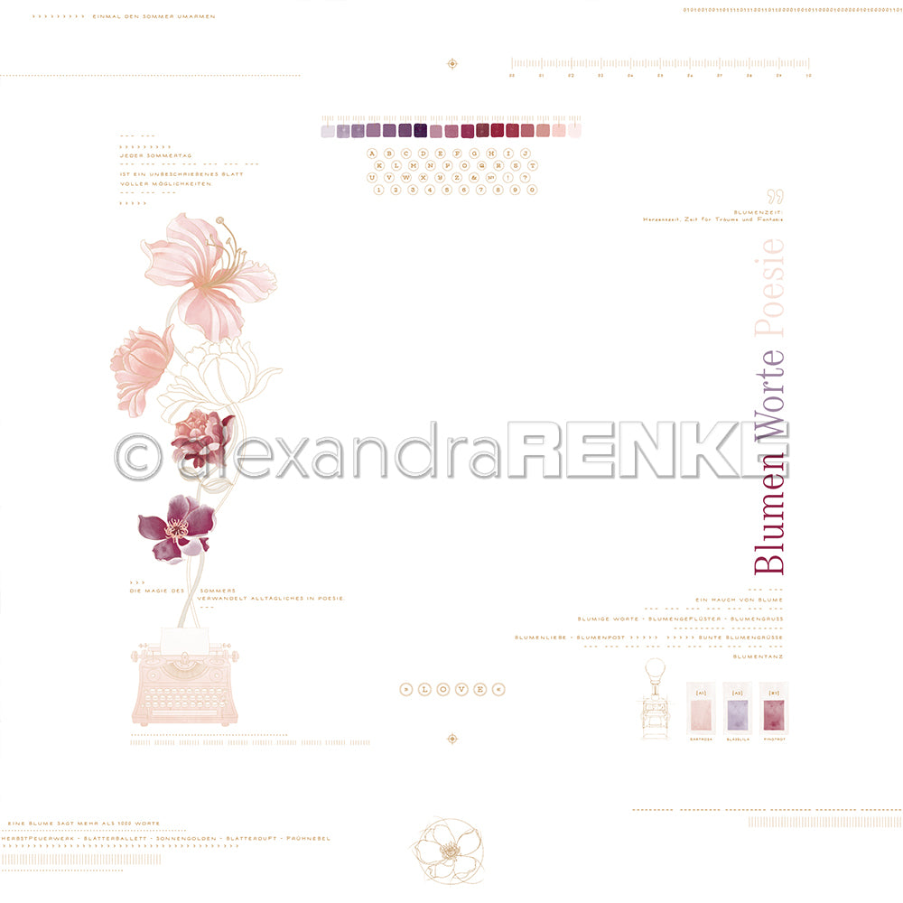 Eine alte Schreibmaschine mit rosafarbenen Blumen, Pastellfarben und "Blumen Worte Poesie" im Hochformat - perfekt für Designpapier und Papercraft-Projekte von Alexandra Renke.
