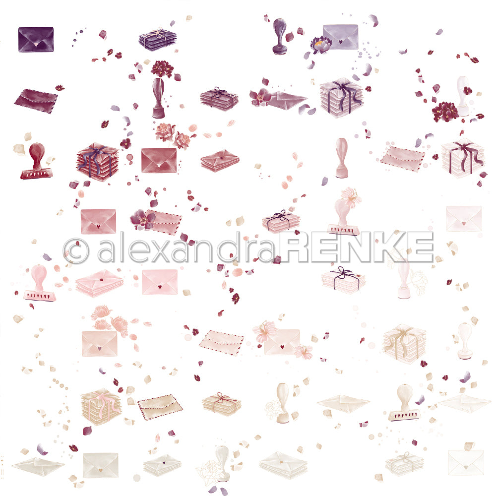 Verstreute Geschenkschachteln, Umschläge, Briefmarken und Blumendekorationen von Alexandra Renke auf weißem Hintergrund - perfekte Inspiration für kreative Papierprojekte oder Ihren eigenen Floralen Briefrapport mit einzigartigem Designpapier.