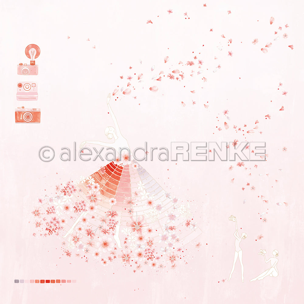 Balletttänzerinnen in zarten, fließenden rosa Kleidern mit floralen Akzenten posieren wie die Florale Foto Figurine Blassrosa von Alexandra Renke vor Vintage-Kameras - eine perfekte Inspiration für Designpapier oder kreative Papierprojekte.