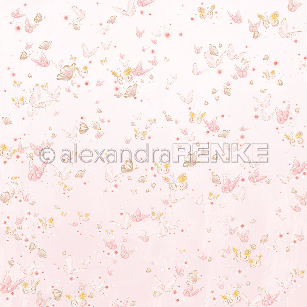 Zarter hellrosa Hintergrund mit verstreuten goldenen und rosafarbenen Schmetterlingen, sanft gemischt für einen verträumten, zarten Effekt - perfektes Alexandra Renke Designpapier für Papierprojekte oder jede florale Schmetterlingskomposition.