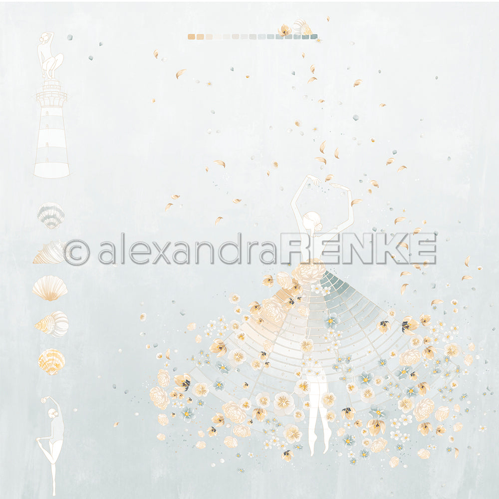 Elegante Ballerina in einem fließenden Kleid mit floralen Details, inspiriert von Alexandra Renkes Florale Meeresfigurine Jadeblau, umgeben von fallenden Blütenblättern auf einem blassen Papierprojekte-Hintergrund.