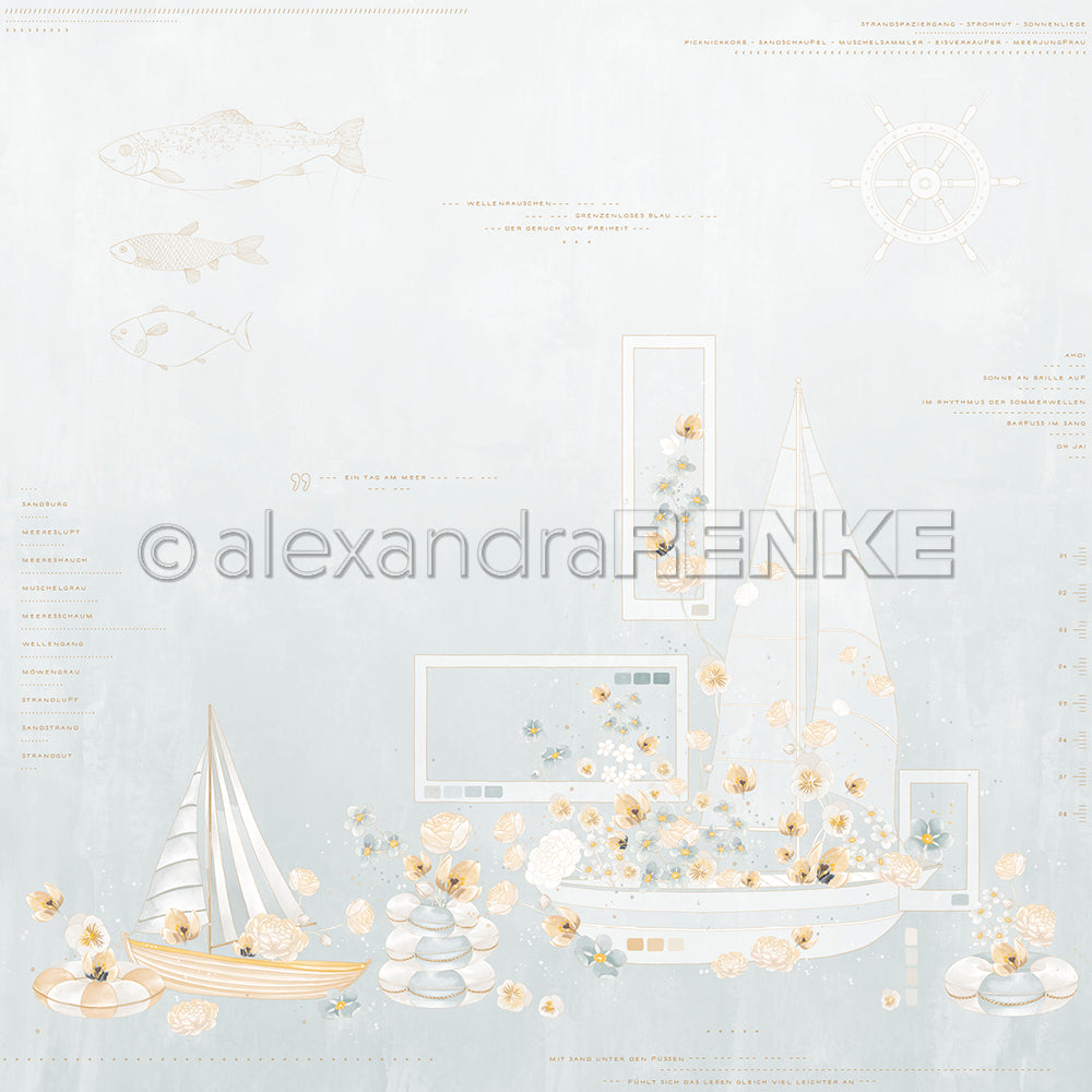 Zwei Segelboote mit Blumen, Steinen, Fischen und einem Schiffsrad auf pastellfarbenem Hintergrund - dieses Alexandra Renke Designpapier ist ideal für Papierprojekte oder zum Basteln einer Floralen Schiffskomposition Jadeblau.