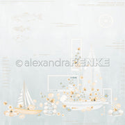 Zwei Segelboote mit Blumen, Steinen, Fischen und einem Schiffsrad auf pastellfarbenem Hintergrund - dieses Alexandra Renke Designpapier ist ideal für Papierprojekte oder zum Basteln einer Floralen Schiffskomposition Jadeblau.
