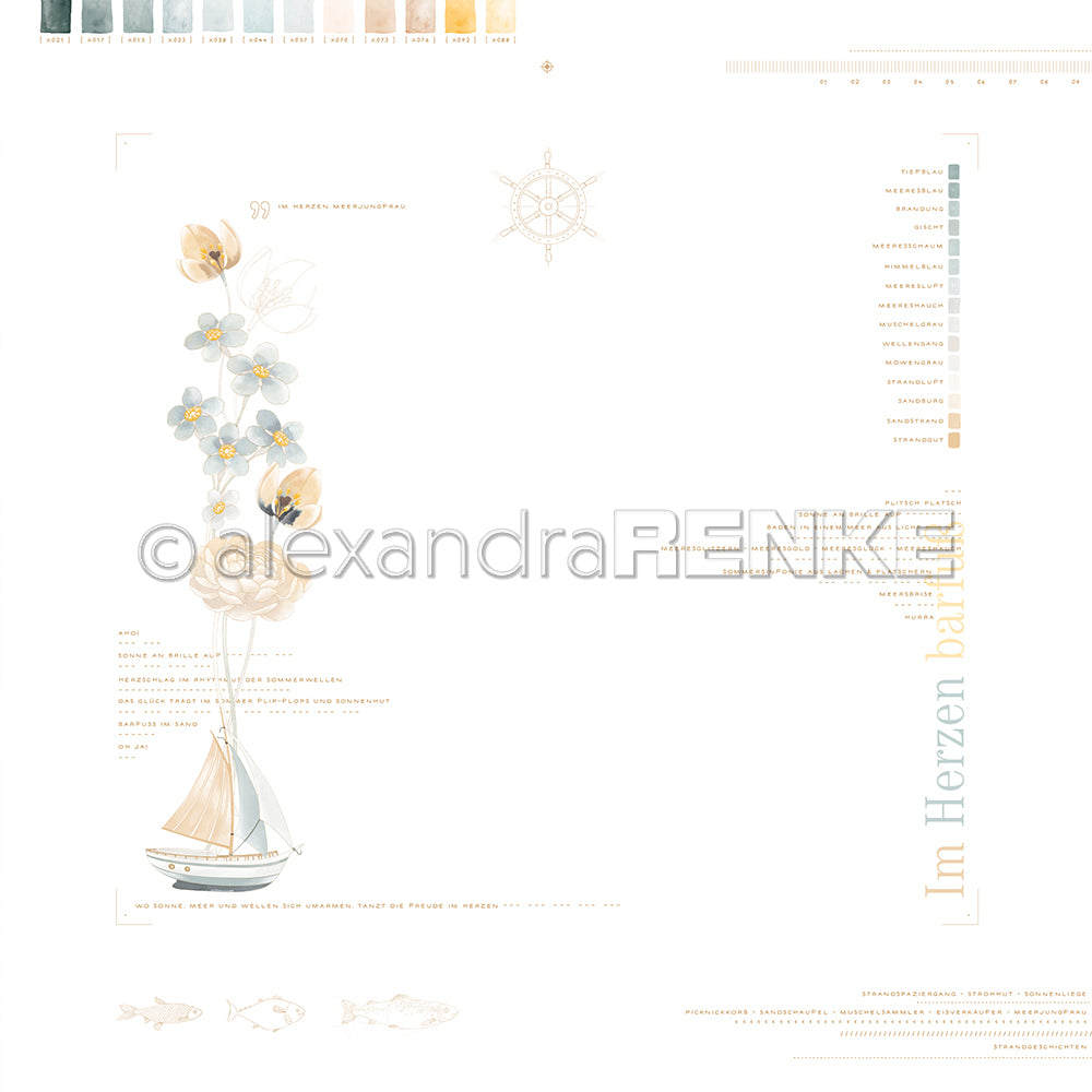Minimalistisches Designpapier im maritimen Stil von Alexandra Renke mit Blumen, einem kleinen Segelboot und verblasstem Text auf weißem Hintergrund - ideal für Papierprojekte oder Buchbinderei-Kreationen.