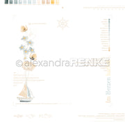 Minimalistisches Designpapier im maritimen Stil von Alexandra Renke mit Blumen, einem kleinen Segelboot und verblasstem Text auf weißem Hintergrund - ideal für Papierprojekte oder Buchbinderei-Kreationen.