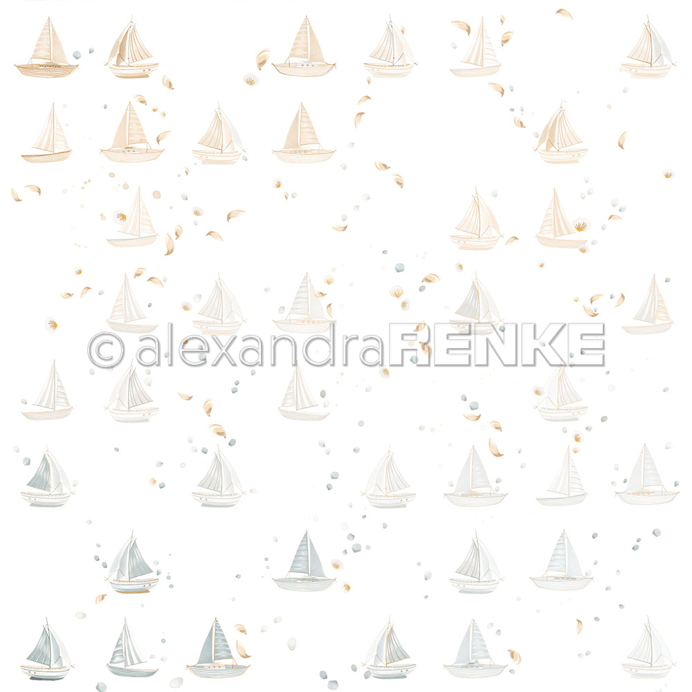 Minimalistische Segelboote und Punkte verstreuen sich über weißes Designpapier von Alexandra Renke und schaffen einen klaren, modernen Look - perfekt für Papierprojekte oder als floraler Schiffsrapport in kreativen Designs.