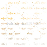 Reihen von illustrierten Fischen in sanften Gold- und Beigetönen mit kleinen Punkten auf Weiß - ideal als Designpapier von Alexandra Renke für Papierprojekte oder um Ihrem floralen Fischrapport eine einzigartige Note zu verleihen.