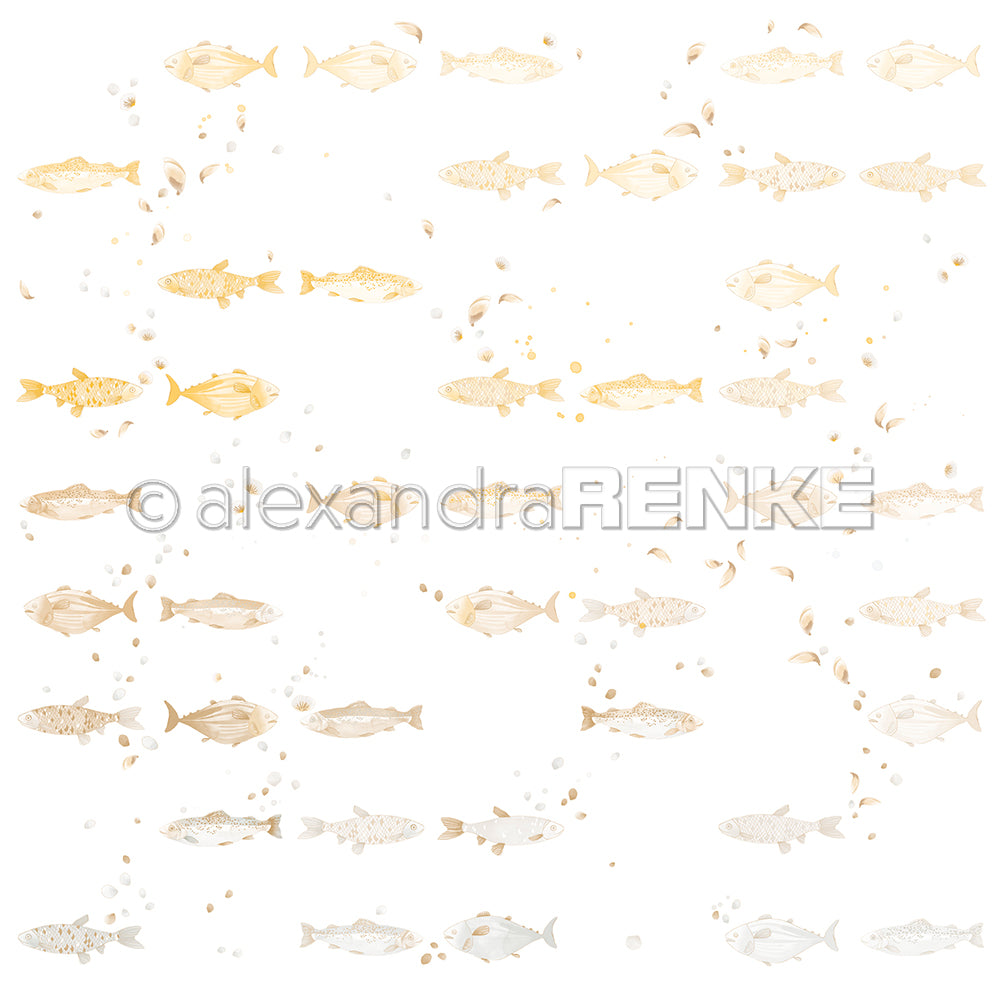Reihen von illustrierten Fischen in sanften Gold- und Beigetönen mit kleinen Punkten auf Weiß - ideal als Designpapier von Alexandra Renke für Papierprojekte oder um Ihrem floralen Fischrapport eine einzigartige Note zu verleihen.