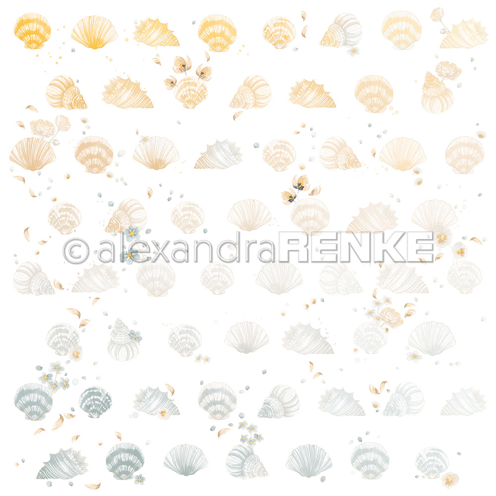 Verstreute Muscheln und kleine Blumen in zartem Beige, Grau und Gold auf einem weißen Hintergrund aus Alexandra Renke Designpapier - ideal für zarte, florale Papierprojekte zum Thema Muscheln.