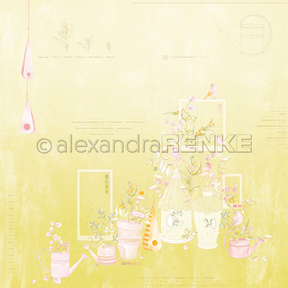 Pastellfarbene Gartenszene mit Töpfen, Blumen, Vögeln und Werkzeugen auf zartgelbem Hintergrund von Alexandra Renke - ideal für Papierprojekte oder als Designpapier in einer floralen Gartenkomposition Gelbgrün.