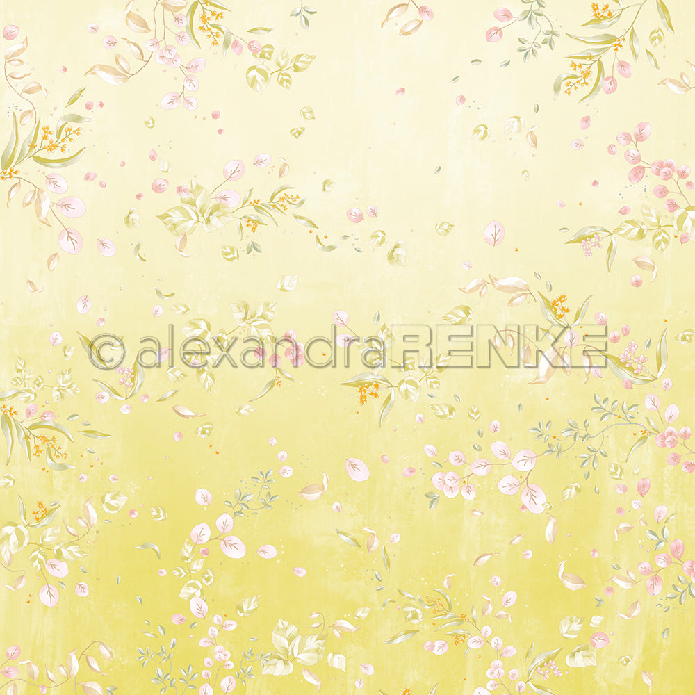 Sanfter gelber Farbverlauf mit zarten rosa und gelben Blüten, inspiriert von der Floralen Blütenkomposition von Alexandra Renke - ideal für Papierprojekte oder als elegantes Designpapier.