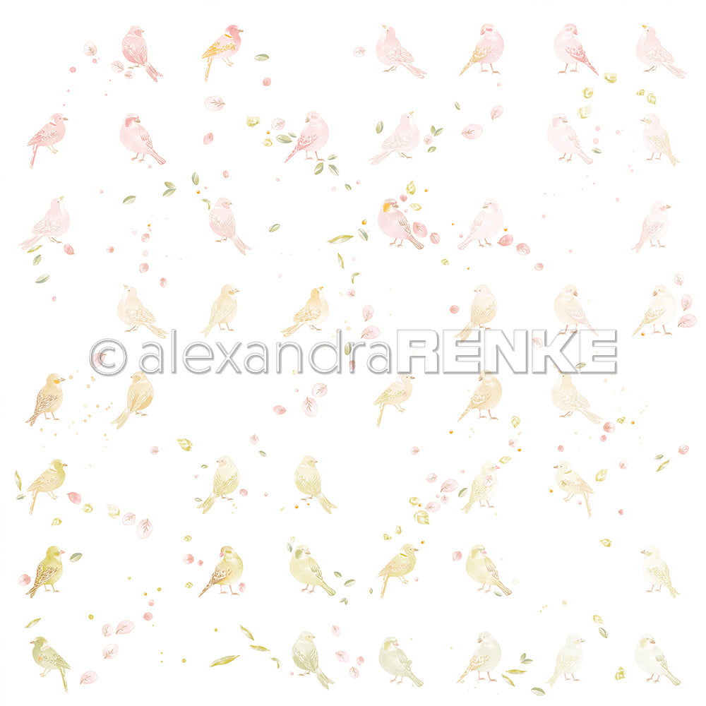 Zarte Aquarell-Illustrationen von rosa und grünen Vögeln mit kleinen Blättern und Blüten auf Weiß schaffen einen charmanten floralen Vogelrapport von Alexandra Renke - perfekt für Designpapier und Papierprojekte.