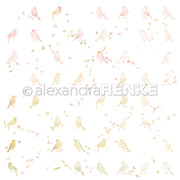 Zarte Aquarell-Illustrationen von rosa und grünen Vögeln mit kleinen Blättern und Blüten auf Weiß schaffen einen charmanten floralen Vogelrapport von Alexandra Renke - perfekt für Designpapier und Papierprojekte.