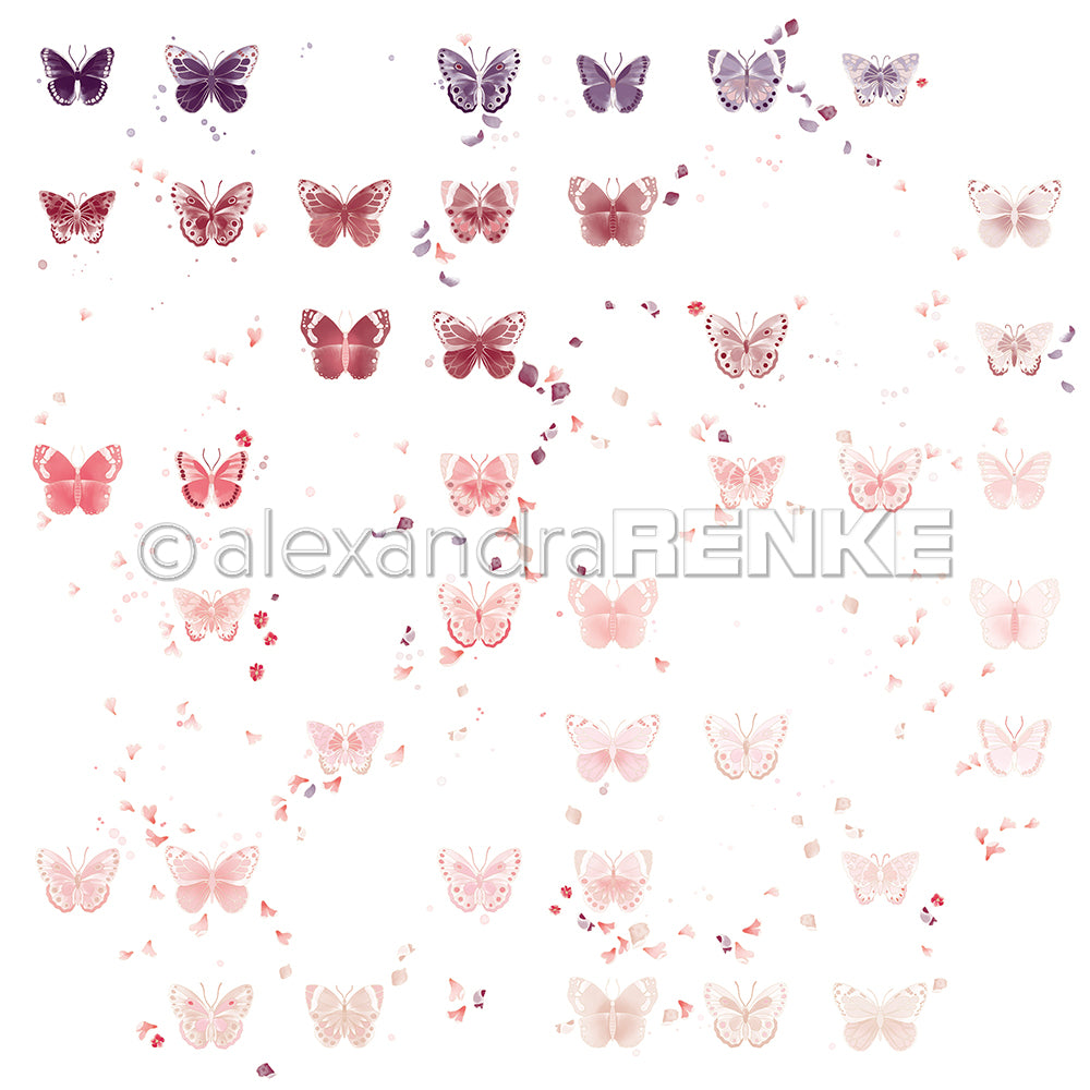 Reihen von rosafarbenen und lilafarbenen Schmetterlingen verschwimmen zu Fragmenten auf Weiß. So entsteht ein verträumtes Schmetterlingsmuster von Alexandra Renke, das sich ideal für Designpapier oder Papierprojekte eignet.