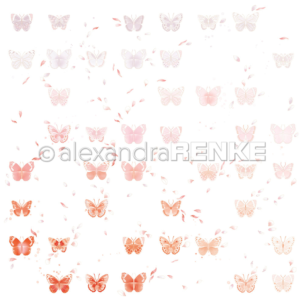 Mehrere rosafarbene und orangefarbene Schmetterlinge, die nach oben hin von fett zu hell verblassen, erscheinen auf einem weißen Hintergrund - perfekt als Alexandra Renkes floraler Schmetterlingsrapport Designpapier für Papierprojekte.