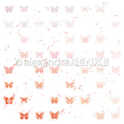 Mehrere rosafarbene und orangefarbene Schmetterlinge, die nach oben hin von fett zu hell verblassen, erscheinen auf einem weißen Hintergrund - perfekt als Alexandra Renkes floraler Schmetterlingsrapport Designpapier für Papierprojekte.