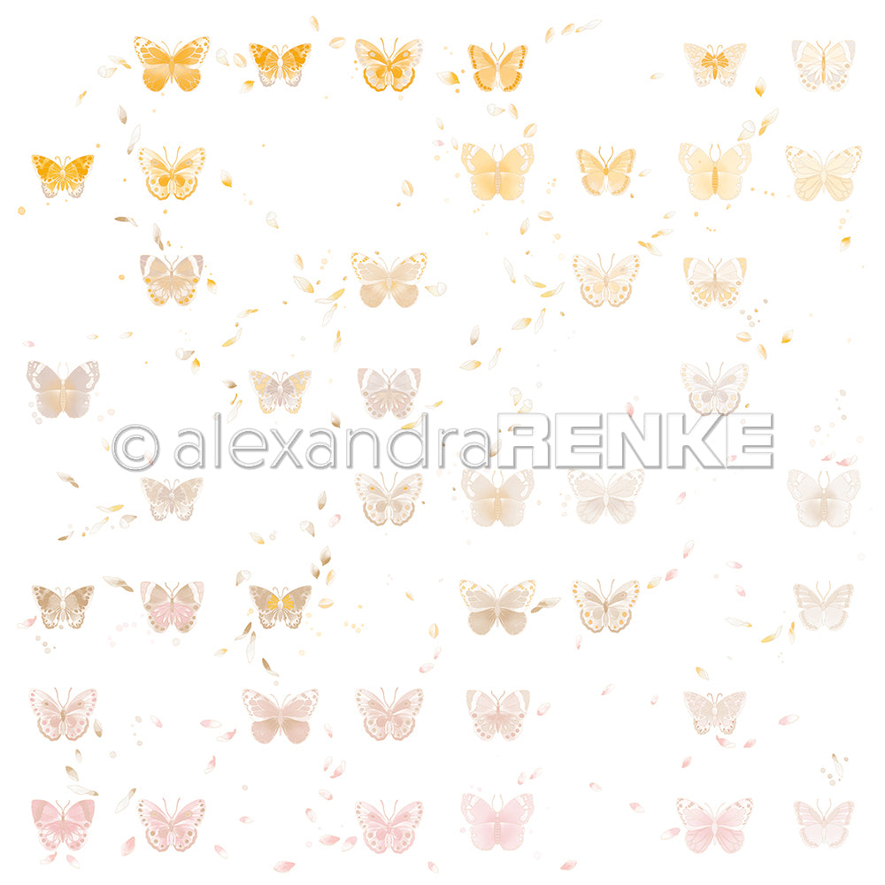 Ein Muster aus zarten, pastellfarbenen Schmetterlingen und Blütenblättern auf Weiß - ein floraler Schmetterlingsrapport von Alexandra Renke, perfekt für Designpapier und kreative Papierprojekte.