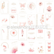Eine Collage aus zarten rosa Blumenskizzen, Objekten und deutschem Text auf Weiß von Alexandra Renke - ideal für Papierprojekte oder als floraler Kärtchenbogen auf Designpapier Rosa.