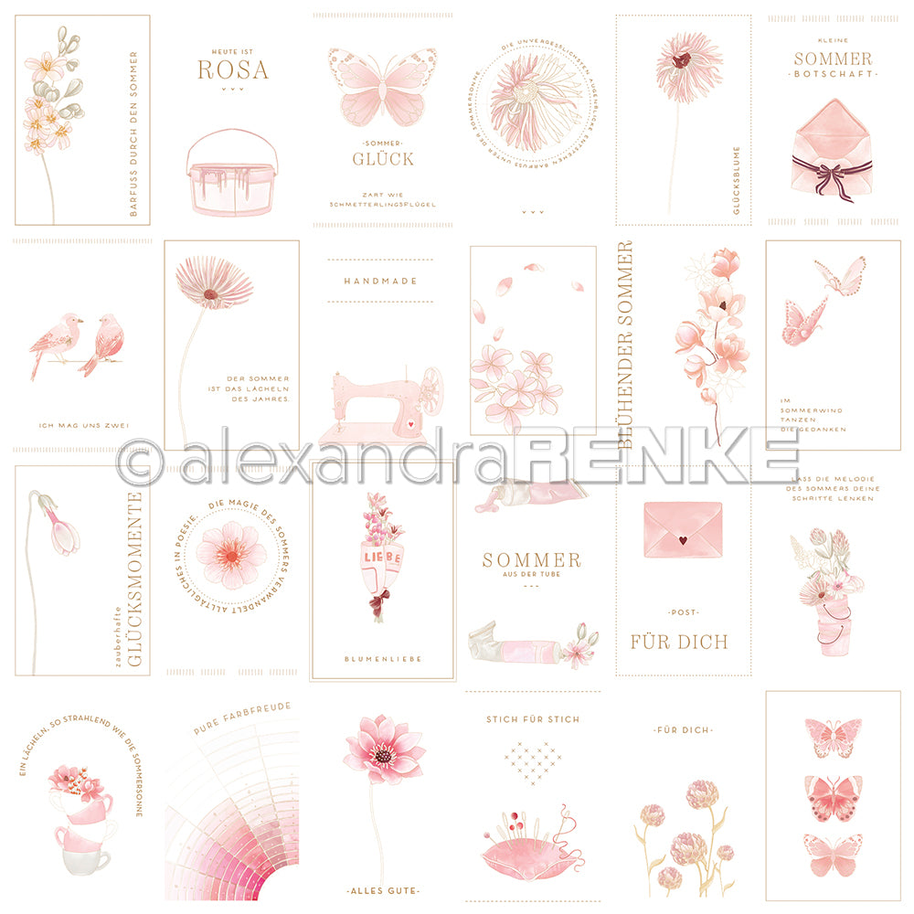 Eine Collage aus zarten rosa Blumenskizzen, Objekten und deutschem Text auf Weiß von Alexandra Renke - ideal für Papierprojekte oder als floraler Kärtchenbogen auf Designpapier Rosa.