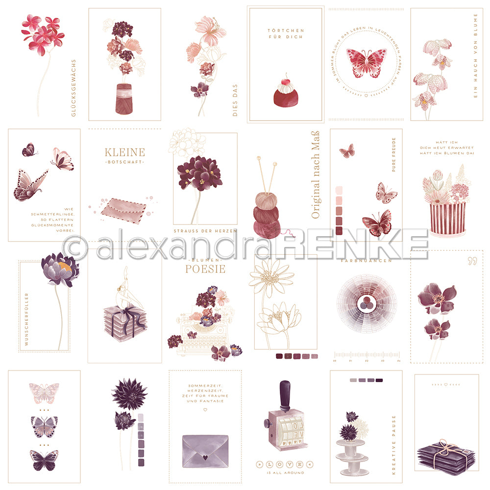 Eine Collage von Karten im Vintage-Stil in zarten Pastellfarben mit Blumen, Schmetterlingen, Geschenken und deutschem Text von Alexandra Renke - ideal für Papierprojekte oder als elegantes Designpapier.
