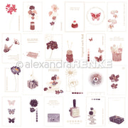 Eine Collage von Karten im Vintage-Stil in zarten Pastellfarben mit Blumen, Schmetterlingen, Geschenken und deutschem Text von Alexandra Renke - ideal für Papierprojekte oder als elegantes Designpapier.